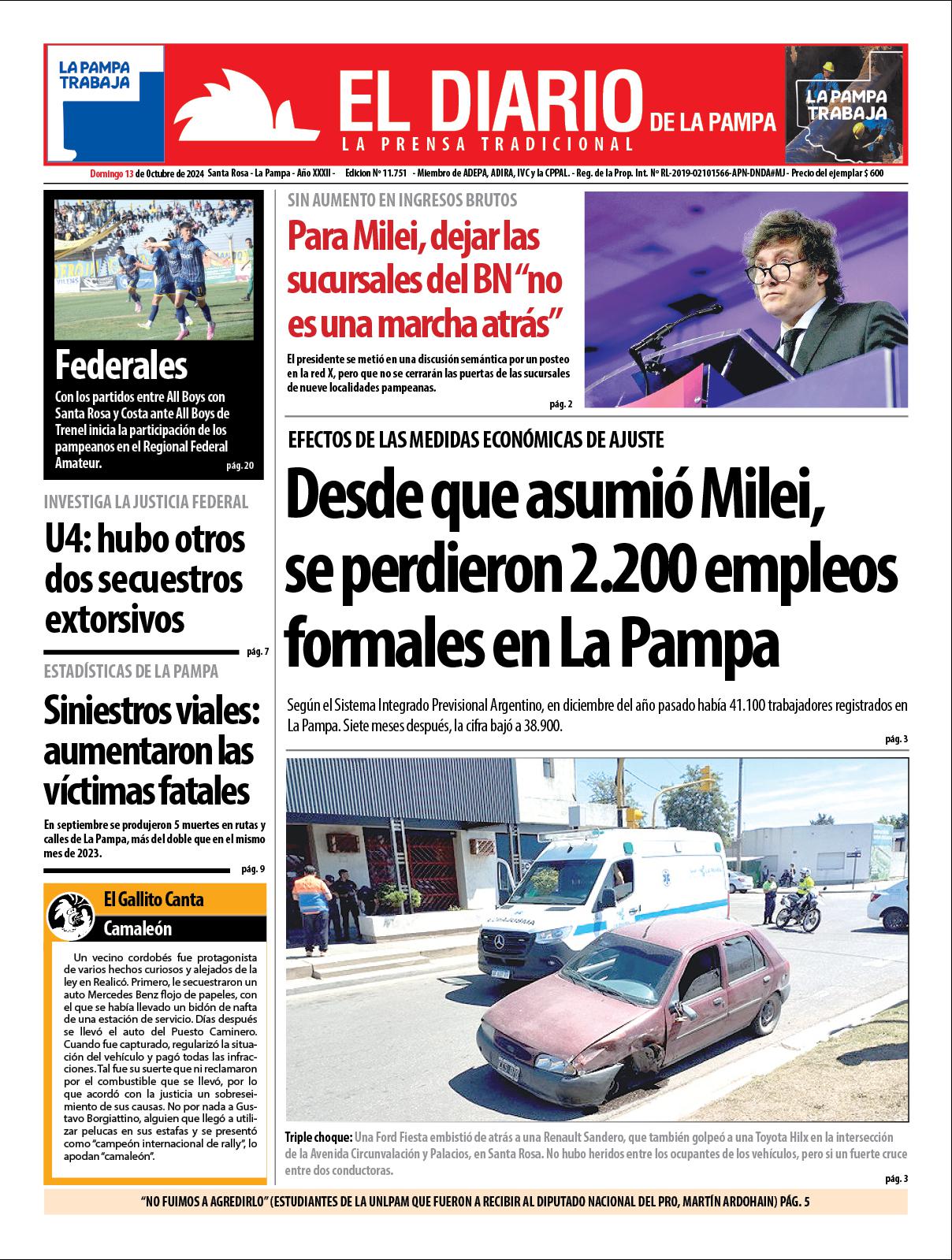 Tapa de El Diario en papel  domingo 13 de octubre de 2024